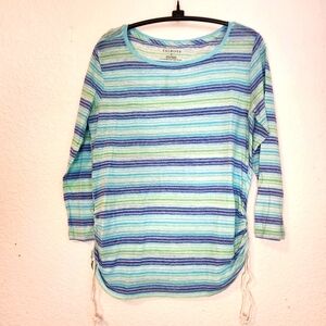 Talbots Women's Striped Blue and Green Linen Blend Top, Size M